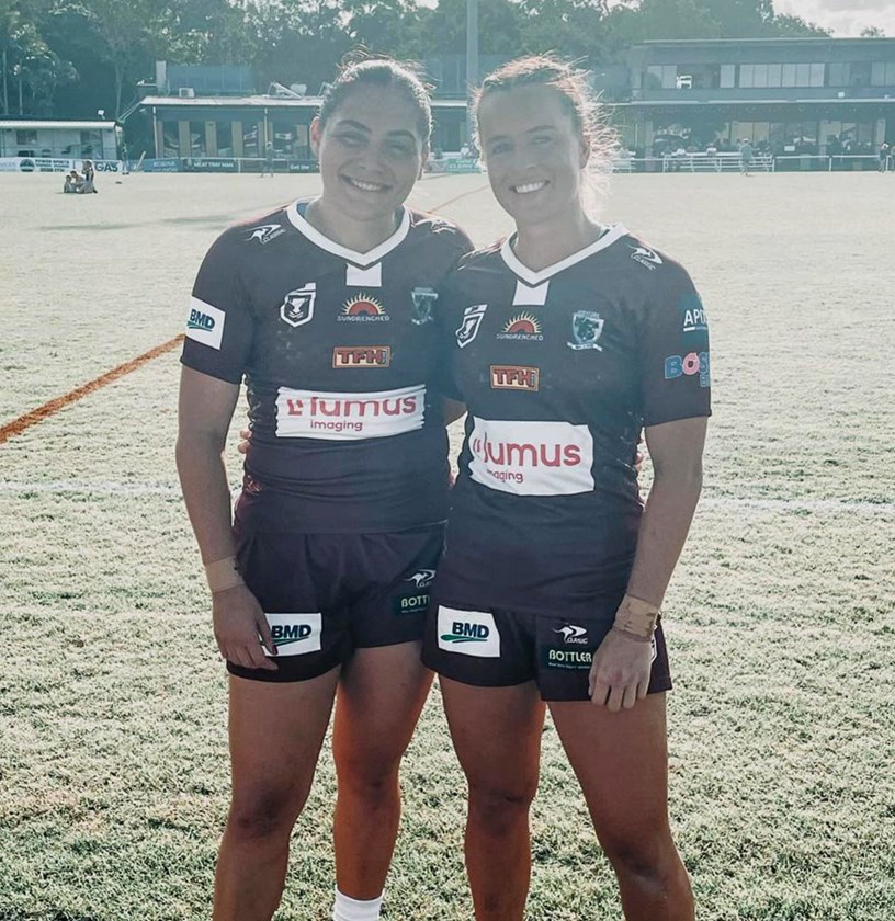 Lolesio with Titans teammate Lauren Brown playing for the Burleigh Bears in 2024.