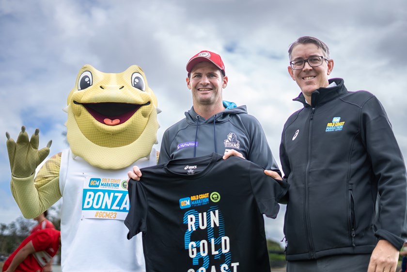 Gold Coast Marathon mascot Bonza, Anthony Don and Ryan McDonald. Photo: Titans Media