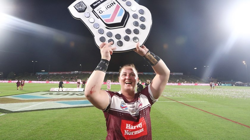Hancock lifting the Origin shield in her last appearance for Queensland in 2020.