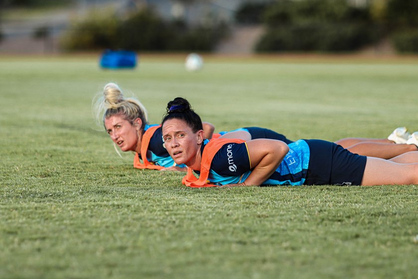 Grace Griffin and Brittany Breayley-Nati sweat it out at pre-season training.