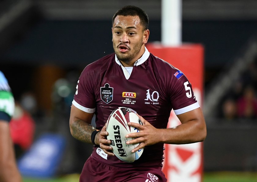 Phil Sami in action for Queensland in Game I, 2020. Photo: Grant Trouville/NRL