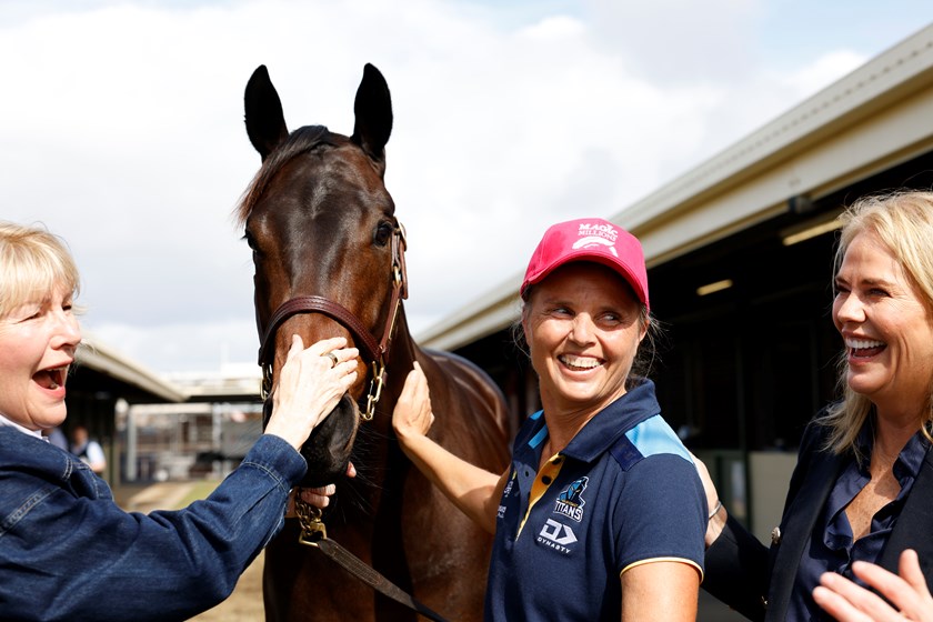Page and Frizelle alongside Murphy, launching the Titans' landmark NRLW partnership with Magic Millions earlier this year.