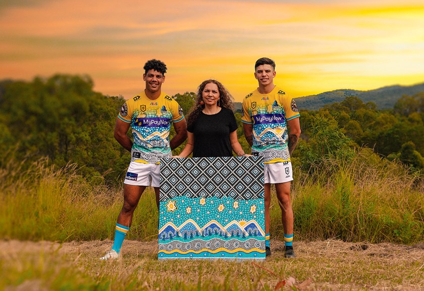 Brian Kelly, Narelle Urquart and Jayden Campbell launching the 2023 Titans Indigenous jersey. Photo: Titans Media