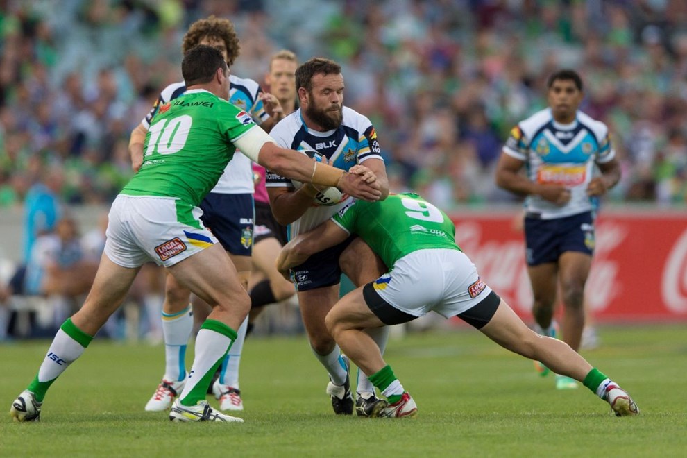 23 MARCH 2014 - Action from Round 3 of the National Rugby League (NRL) Australia 2014 season - Canberra Raiders vs Gold Coast Titans. Match was played on a Sunday at GIO Stadium, Canberra, ACT, Australia. PHOTO: BEN SOUTHALL | SMP IMAGES