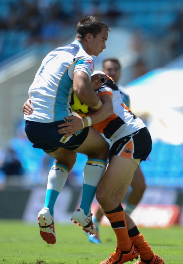16th March 2014 ,   HOLDEN CUP-        DANIEL SCHWASS       - Round 2 action from the GOLD COAST TITANS V WESTS TIGERS game at CBUS Super Stadium in Robina .  Image is for Editorial Use Only. Any further use or individual sale of this image must be cleared by application to the Manager Sports Media Publishing (SMP Images). PHOTO: STEVE BELL/SMP IMAGES