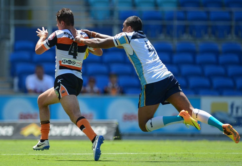 16th March 2014 ,   HOLDEN CUP-     SOAPE PALAU          - Round 2 action from the GOLD COAST TITANS V WESTS TIGERS game at CBUS Super Stadium in Robina .  Image is for Editorial Use Only. Any further use or individual sale of this image must be cleared by application to the Manager Sports Media Publishing (SMP Images). PHOTO: STEVE BELL/SMP IMAGES