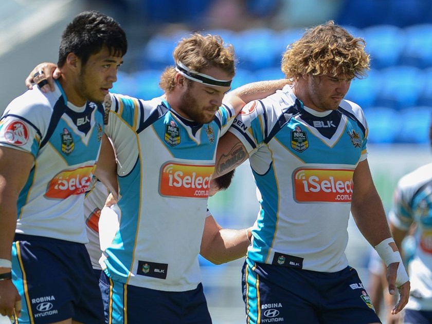 16th March 2014 ,   HOLDEN CUP-     SAM HARROLD          - Round 2 action from the GOLD COAST TITANS V WESTS TIGERS game at CBUS Super Stadium in Robina .  Image is for Editorial Use Only. Any further use or individual sale of this image must be cleared by application to the Manager Sports Media Publishing (SMP Images). PHOTO: STEVE BELL/SMP IMAGES