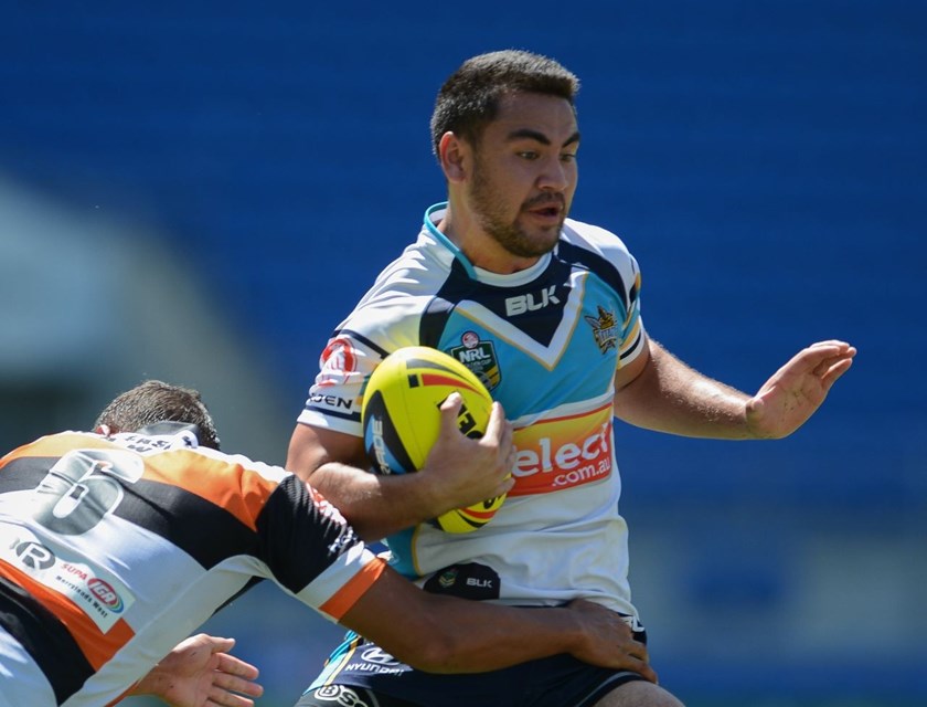 16th March 2014 ,   HOLDEN CUP-     CALEB MOREHU          - Round 2 action from the GOLD COAST TITANS V WESTS TIGERS game at CBUS Super Stadium in Robina .  Image is for Editorial Use Only. Any further use or individual sale of this image must be cleared by application to the Manager Sports Media Publishing (SMP Images). PHOTO: STEVE BELL/SMP IMAGES