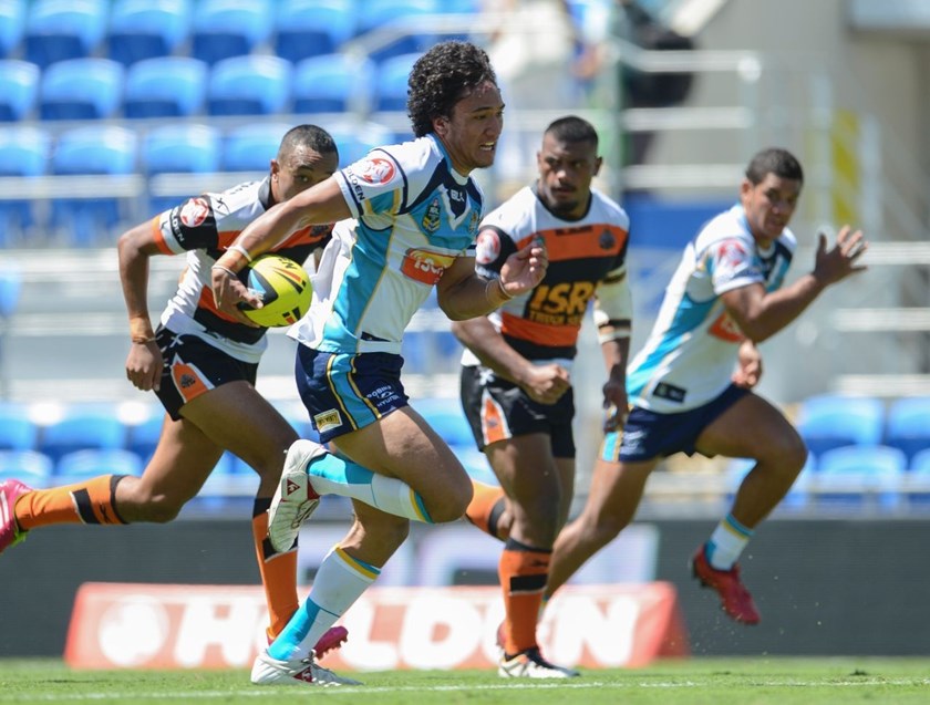 16th March 2014 ,   HOLDEN CUP-      JADEN HAWKES         - Round 2 action from the GOLD COAST TITANS V WESTS TIGERS game at CBUS Super Stadium in Robina .  Image is for Editorial Use Only. Any further use or individual sale of this image must be cleared by application to the Manager Sports Media Publishing (SMP Images). PHOTO: STEVE BELL/SMP IMAGES