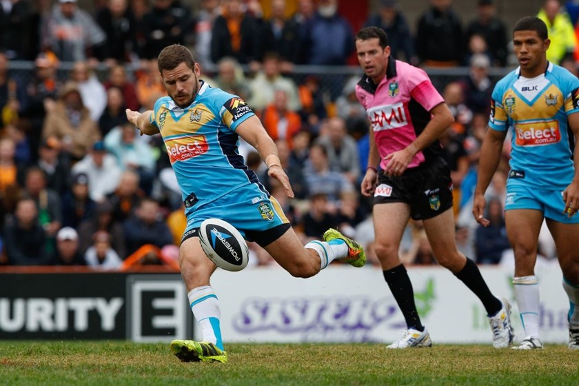 Aidan Sezer, gold coast National Rugby League, West Tigers Vs Gold Coast Titans, Leichhardt Oval 27 April 2014. PIc Dave Tease