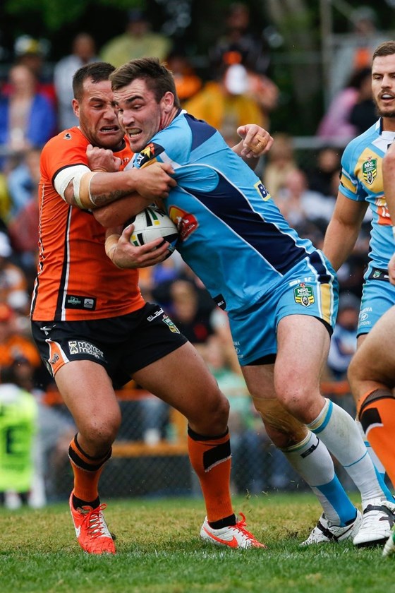 Luke Douglas, Gold Coast, National Rugby League, West Tigers Vs Gold Coast Titans, Leichhardt Oval 27 April 2014. PIc Dave Tease
