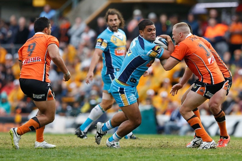 Mark Ioane of Gold Coast, National Rugby League, West Tigers Vs Gold Coast Titans, Leichhardt Oval 27 April 2014. PIc Dave Tease