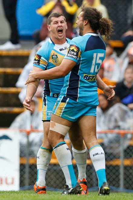 Greg Bird Scores in the second half, National Rugby League, West Tigers Vs Gold Coast Titans, Leichhardt Oval 27 April 2014. PIc Dave Tease