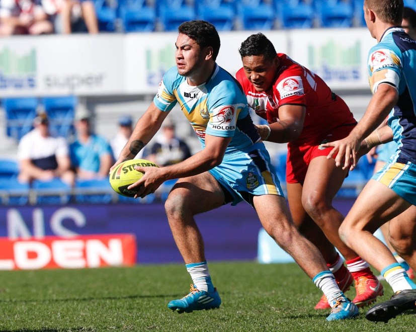 JAHROME HUGHES - PHOTO : CHARLES KNIGHT - SMPIMAGES.COM - NYC ROUND 15 -  GOLD COAST TITANS v ST. GEORGE DRAGONS AT CBUS STADIUM, 22nd JUNE 2014. This image is for Editorial Use Only. Any further use or individual sale of the image must be cleared by application to the Manager Sports Media Publishing (SMP Images).