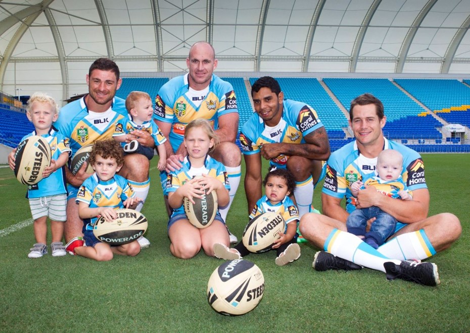 MARK MINICHIELLO AND HIS THREE BOYS, LEO, LUCCA AND ROCCO, MATT WHITE AND HIS DAUGHTER MIA, ALBERT KELLY AND HIS DAUGHTER BRIDA-LEE AND ASHLEY HARRISON WITH HIS SON WILLIAM - GOLD COAST TITANS FATHERDAY PROMO - 3rd MARCH 2014. This image is for Editorial Use Only. Any further use or individual sale of the image must be cleared by application to the Manager Sports Media Publishing (SMP Images). PHOTO : CHARLES KNIGHT - SMP IMAGES 