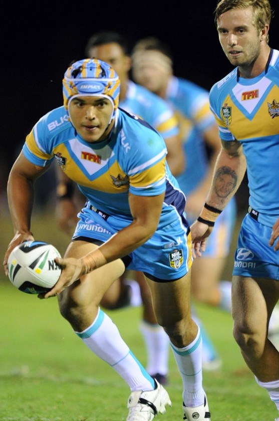 MATT SRAMA - GOLD COAST TITANS -  PHOTO: SCOTT DAVIS - SMP IMAGES - GOLD COAST TITANS V NEW ZEALAND WARRIORS - 07th February 2015 - Action from a pre-season NRL trial game between the Gold Coast Titans and the New Zealand Warriors, being played at Clive Berghofer Stadium, Toowoomba. This image is for Editorial Use Only. Any further use or individual sale of the image must be cleared by application to the Manager Sports Media Publishing (SMP Images). NO UN AUTHORISED COPYING : PHOTO SMP IMAGES.COM 
