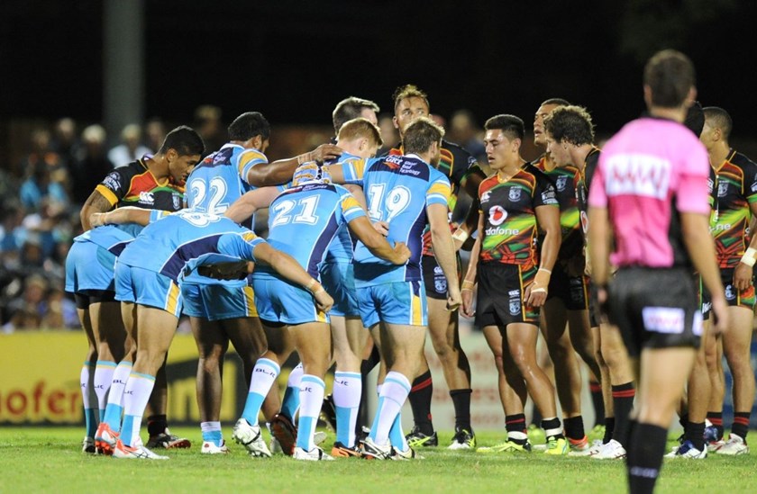 GOLD COAST TITANS -  PHOTO: SCOTT DAVIS - SMP IMAGES - GOLD COAST TITANS V NEW ZEALAND WARRIORS - 07th February 2015 - Action from a pre-season NRL trial game between the Gold Coast Titans and the New Zealand Warriors, being played at Clive Berghofer Stadium, Toowoomba. This image is for Editorial Use Only. Any further use or individual sale of the image must be cleared by application to the Manager Sports Media Publishing (SMP Images). NO UN AUTHORISED COPYING : PHOTO SMP IMAGES.COM 