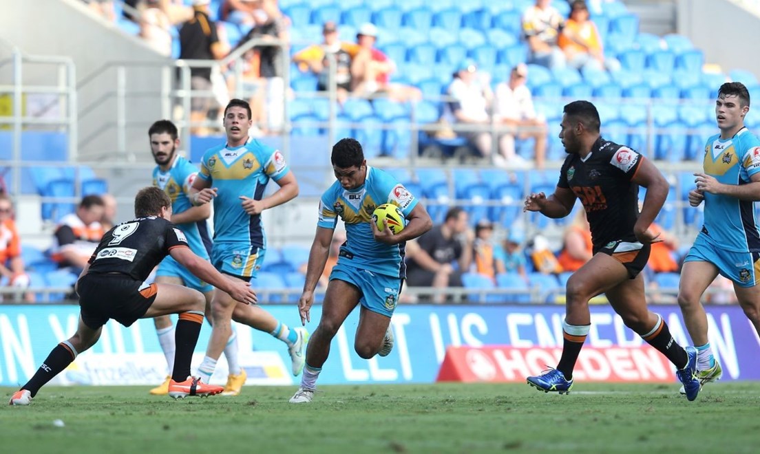 Digital Image by Grant Trouvile Â© NRLphotos : NYC Titans Tigers  : 2015 NRL Round 1 - Gold Coast Titans v Wests Tigers at CBUS Super Stadium, Saturday March 7th 2015.
