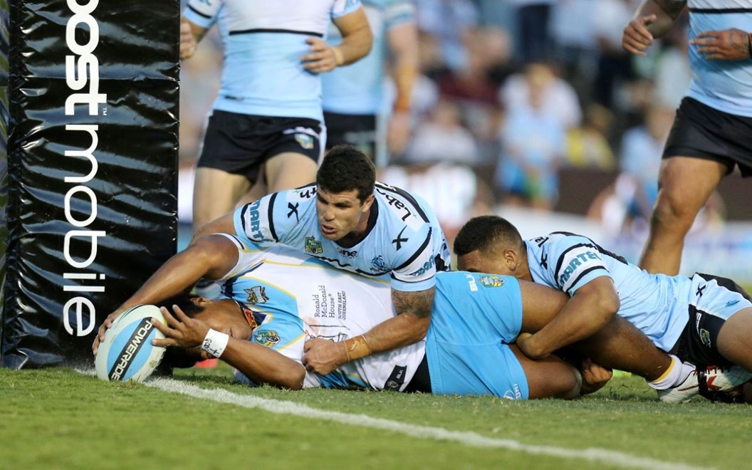 Titans Celebrate after Agnatius Paasi scores   :Digital Image by Grant Trouvile Â© NRLphotos  : 2015 NRL Round 4 - Cronulla Sharks v Gold Coast Titans at Remondis Stadium Saturday 28th of March 2015.