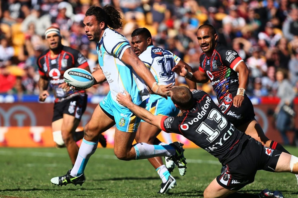 Ryan James of the Titans makes a break. NRL Rugby League, Round 8, NZ Warriors v Gold Coast Titans at Mt Smart, Saturday April 25th. Digital image by Simon Watts, copyright nrlphotos.com