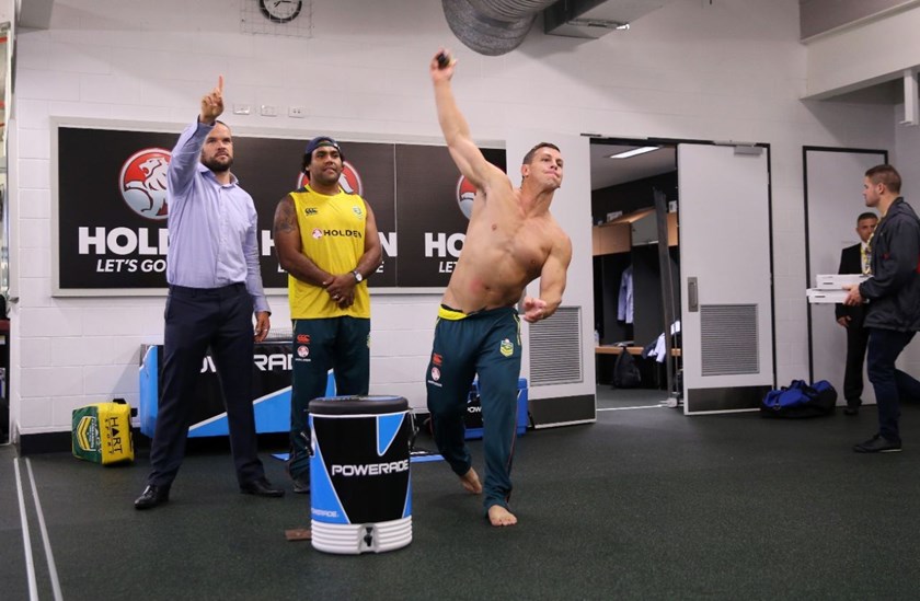 AUSTRALIA Players in the Sheds shattered after the Test Match is called off due to wheather  :Digital Image by Grant Trouville Â© NRLphotos  : 2015 NRL Rep Round - ANZAC TEST Australia v New Zealand at Suncorp Stadium Friday the 3rd of May 2015.