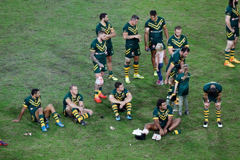 Dejected Kangaroos : Digital Image Charles Knight Â© NRLphotos. ARL Representative Rugby League, Australia v New Zealand at Suncorp Stadium, Brisbane, May 3rd 2015.
