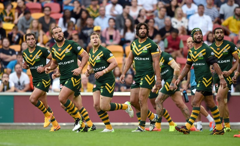 Australian players watch a conversion kick : Digital Image by Scott Davis : NRL Photos : ARL Representitive Rugby League : Australia V New Zealand at Suncorp Stadium; Brisbane; May 3rd 2015.
