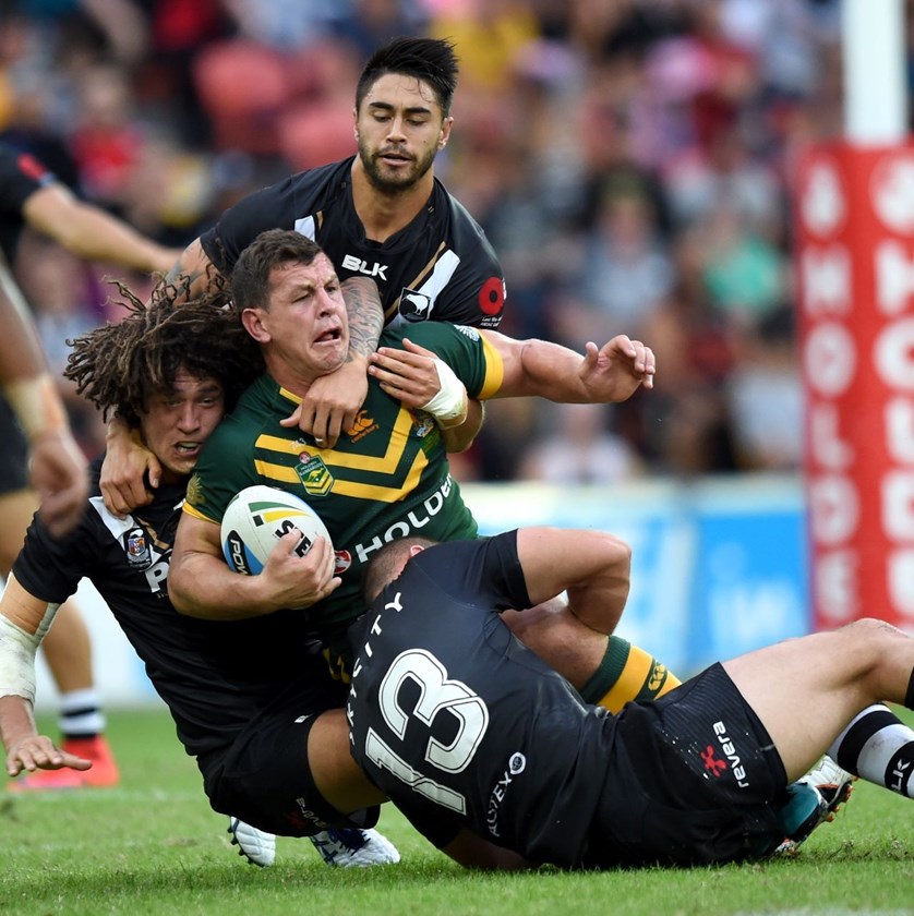 Greg Bird being tackled : Digital Image by Scott Davis : NRL Photos : ARL Representitive Rugby League : Australia V New Zealand at Suncorp Stadium; Brisbane; May 3rd 2015.