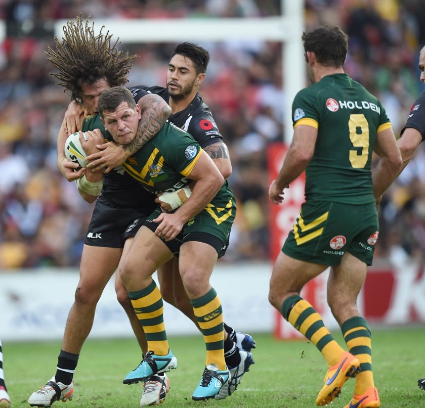 Greg Bird tackled by Kevin Proctor and Shaun Johnson : Digital Image by Scott Davis : NRL Photos : ARL Representitive Rugby League : Australia V New Zealand at Suncorp Stadium; Brisbane; May 3rd 2015.