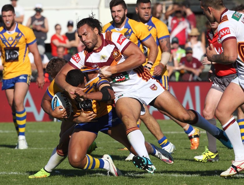 :	Digital Image by Colin Whelan copyright © nrlphotos. 	Ryan James tackles Frizell	Representative Rugby League, City v Country at Wagga Wagga, Sunday April 3rd 2015.