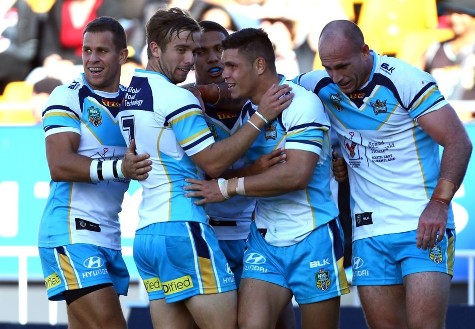 Titans players celebrate a try to James Roberts. NRL Rugby League, Round 8, NZ Warriors v Gold Coast Titans at Mt Smart, Saturday April 25th. Digital image by Simon Watts, copyright nrlphotos.com