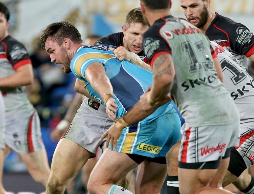Luke Douglas : Digital Image by Charles Knight copyright Â© nriphotos. NRL Rugby League, Gold Coast Titans v NZ Warriors at Cbus Super Stadium, Gold Coast, June 20th, 2015.