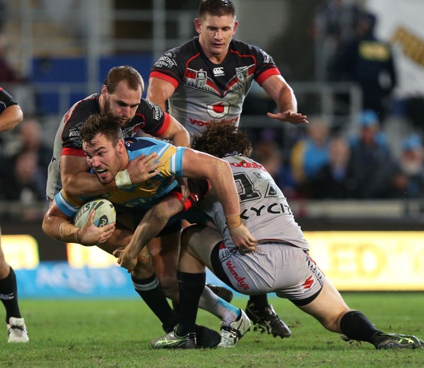Luke Douglas : Digital Image by Charles Knight copyright Â© nriphotos. NRL Rugby League, Gold Coast Titans v NZ Warriors at Cbus Super Stadium, Gold Coast, June 20th, 2015.
