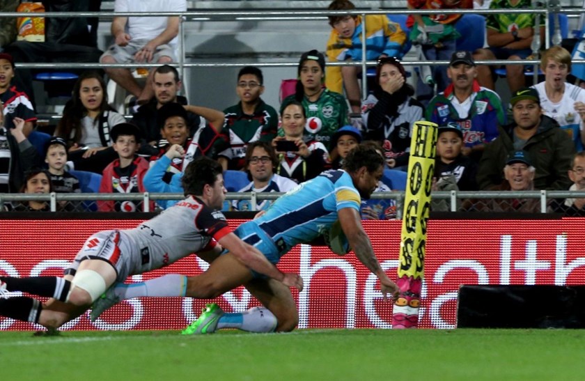 Josh Hoffman scores : Digital Image by Charles Knight copyright Â© nriphotos. NRL Rugby League, Gold Coast Titans v NZ Warriors at Cbus Super Stadium, Gold Coast, June 20th, 2015.