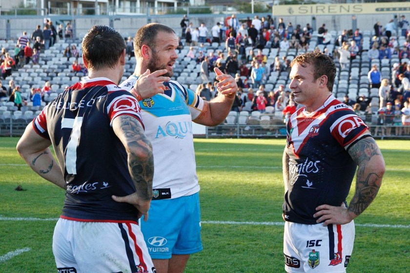 Mitchell Pearce, Nate Myles and Jake Friend : Digital Image by Kylie Cox, copyright @ NRLphotos. NRL Round 16, Sydney Roosters v Gold Coast Titans at Central Coast Stadium, Gosford Sunday 28th June 2015