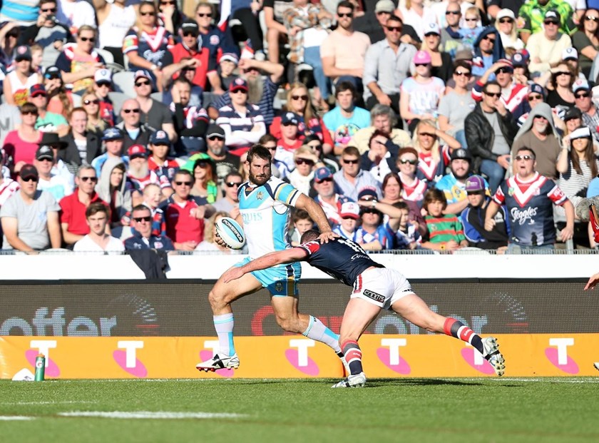 Dave Taylor tackled by Boyd Cordner :NRL Rugby League - Roosters V Titans, at Central Coast Stadium, Sunday June 28th 2015. Digital Image by Robb Cox Â©nrlphotos.com