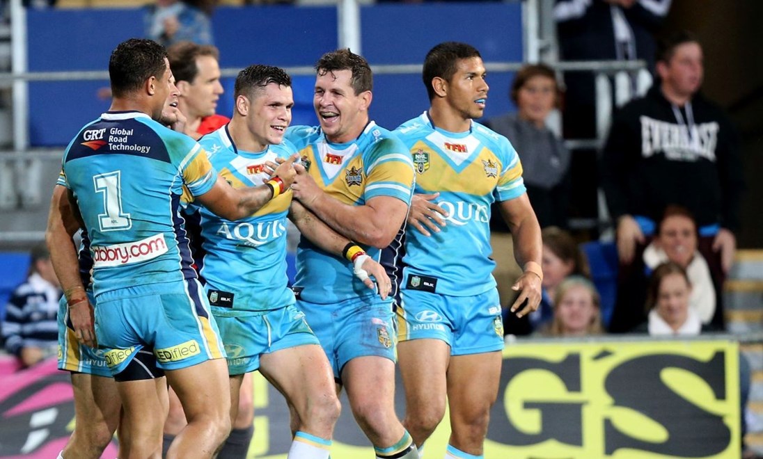 James Roberts celebrate his try  : Digital Image by Charles Knight copyright Â© NRLphotos. NRL Rugby League, Gold Coast Titans v Parramatta Eels, Cbus Super Stadium, August 3rd, 2015.