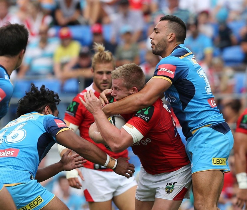 Competition - NRL Premiership 
Round - Round 07
Teams â Gold Coast Titans v St. George Dragons
Date â 16th April 2016 
Venue â Cbus Super Stadium, Robina, QLD 
Photographer â Charles Knight

