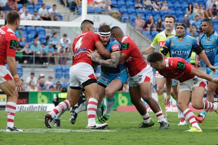 Competition - NRL Premiership 
Round - Round 7
Teams â Gold Coast Titans v St George Dragons
Date â 16th April 2016 
Venue â Cbus Super Stadium, Gold Coast QLD 
Photographer â Kylie Cox
