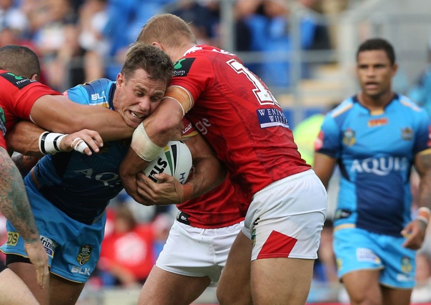 Competition - NRL Premiership 
Round - Round 07
Teams â Gold Coast Titans v St. George Dragons
Date â 16th April 2016 
Venue â Cbus Super Stadium, Robina, QLD 
Photographer â Charles Knight
